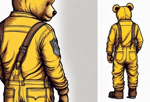 the back of a standing, skinny, brown ,
teddy bear in long, yellow overalls tattoo idea