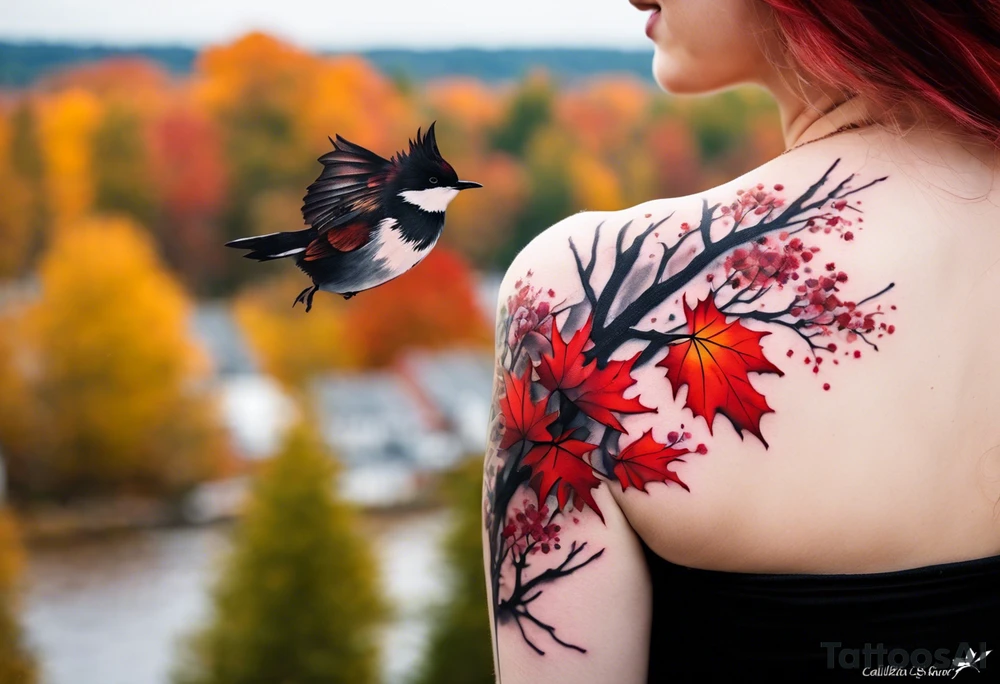 trash polka style. Arm tattoo. Long tattoo. Full sleeve. Shoulder. A single large maple tree with red autumn leaves that branches upwards from wrist to shoulder. White-throated dipper bird on the trees branches. Calluna flowers at the base of the trees stem. Tree stem has dark colors. Red/yellow sunset behind the trees stem. Leaves falling. tattoo idea