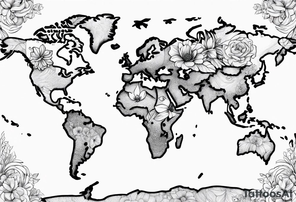 World map with floral design tattoo idea