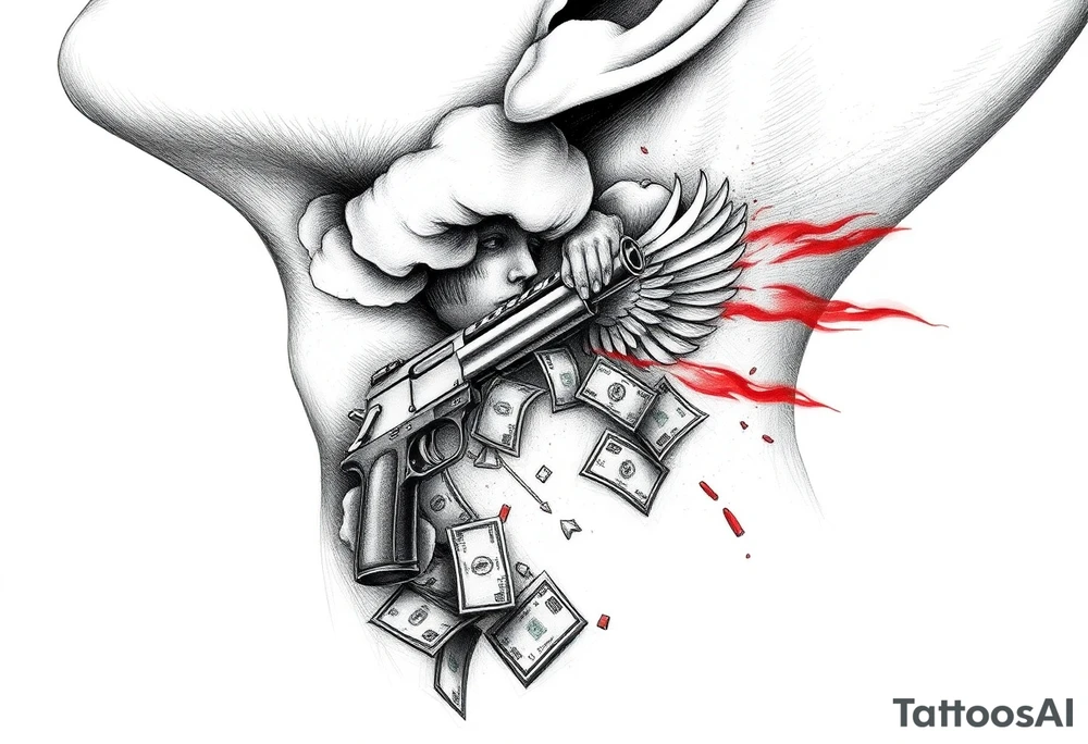 deepfull description of details with clouds,fire guns, money,angels and red for the side of neck tattoo idea