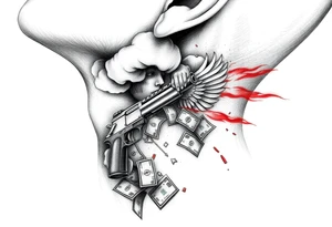 deepfull description of details with clouds,fire guns, money,angels and red for the side of neck tattoo idea