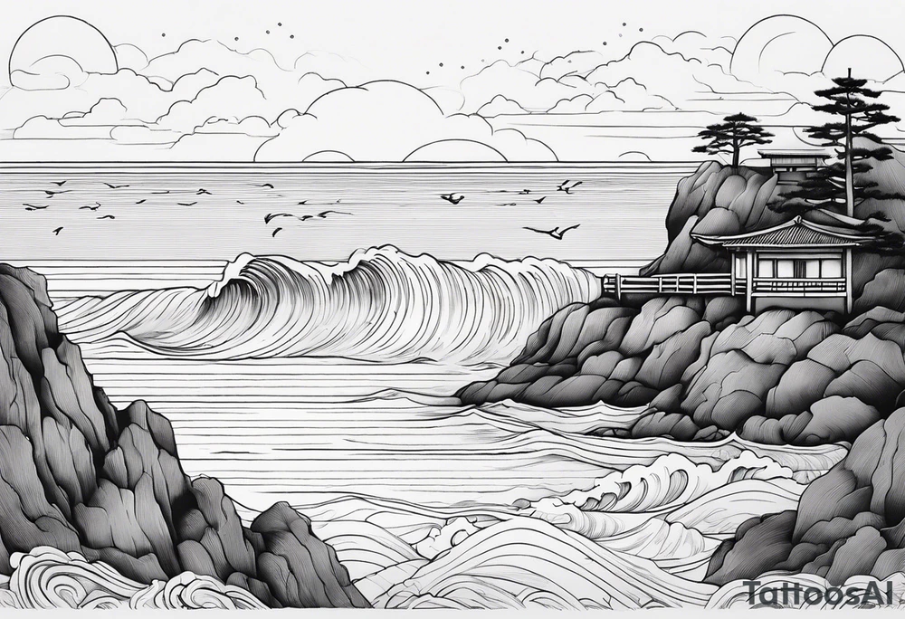 You're adding way too much. Please tone it back. Shy far away from japanese style. Fine line, minimal sunset. Only Ocean and sunset in the image. Very calm waters with barely any waves. tattoo idea