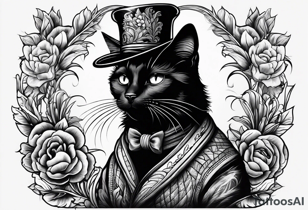 black cat with a funny hat and a sweater tattoo idea