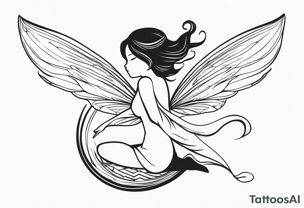 Minimalistic, monochromatic fairy with a tail flying to the left in a fetal position, leaning and looking in the same direction, with visible hands, embodying the 'Fairy Tail' logo aesthetic. tattoo idea