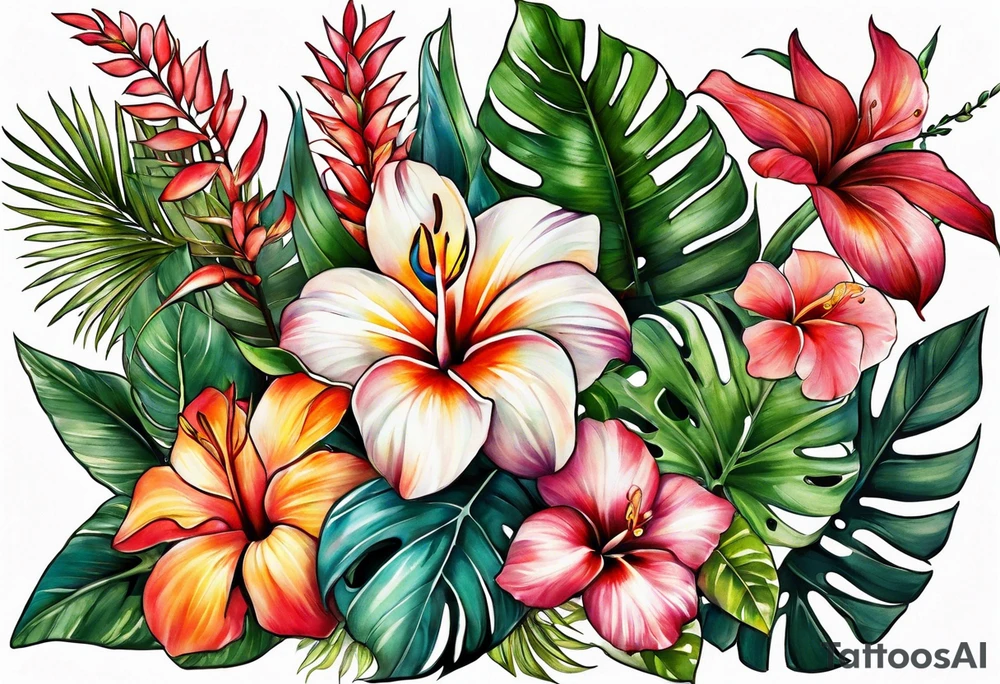 Tropical foliage and blooms tattoo idea