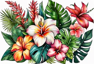 Tropical foliage and blooms tattoo idea