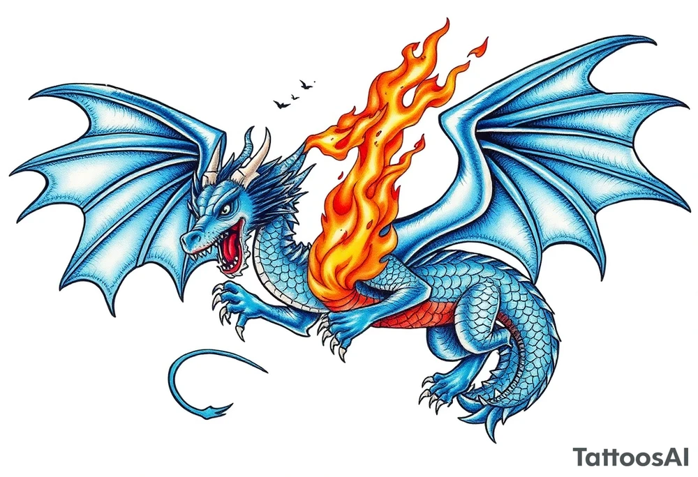 Blue fire breathing dragon with wings spread tattoo idea
