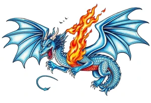 Blue fire breathing dragon with wings spread tattoo idea