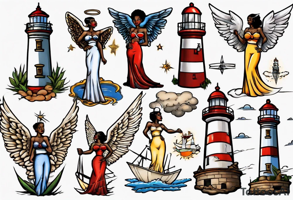African angel on a lighthouse tattoo idea