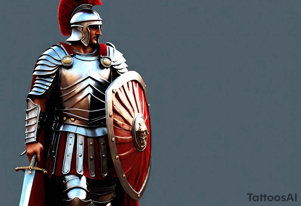 a high ranking roman centurion, soldier, AD 60, wearing armour which must include an armoured belt, breastplate, armoured shoes, shield, helmet and sword. the soldier is strong, tall, large, fit, muscular. the soldier is faceless. We can see the full body of the centurion, from his shoes to his helmet. The soldier is mid-battle, fending off flaming arrows with his shield, advancing towards the enemy, attacking the enemy. attacking pose. The image should be extremely detailed. Need to see the full soldier. tattoo idea