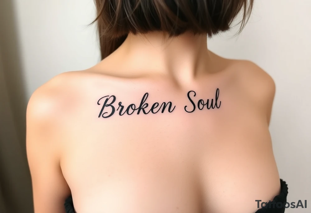 Broken Soul, written fancy thin lined cursive writing, under breast tattoo tattoo idea