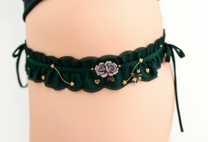 garter tattoo with dark forest green velvet, with baroque-inspired gold accents and tiny intricate roses tattoo idea