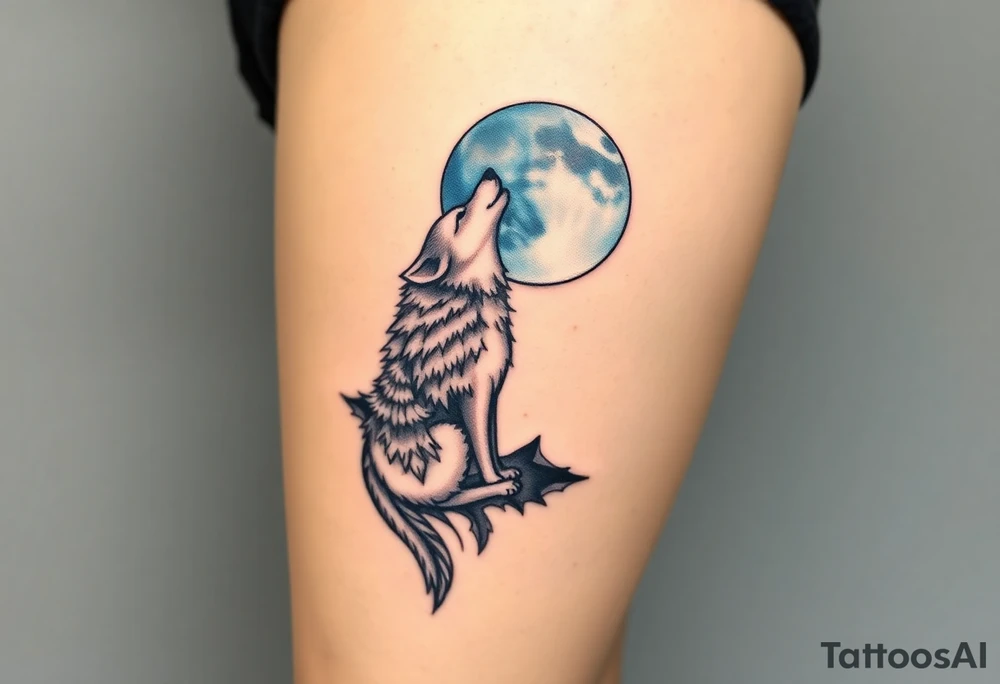 lone wolf howling at full moon with northern lights backdrop tattoo idea