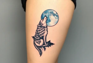 lone wolf howling at full moon with northern lights backdrop tattoo idea