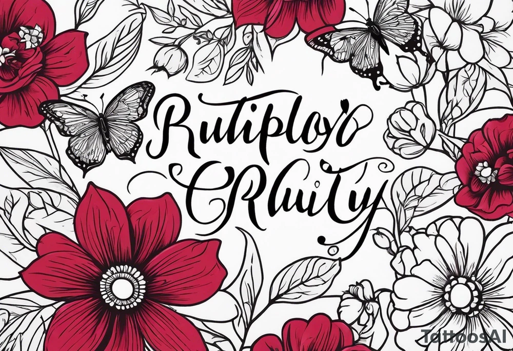 Flowers with Ruby and butterflies around it tattoo idea