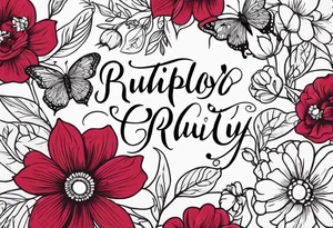 Flowers with Ruby and butterflies around it tattoo idea