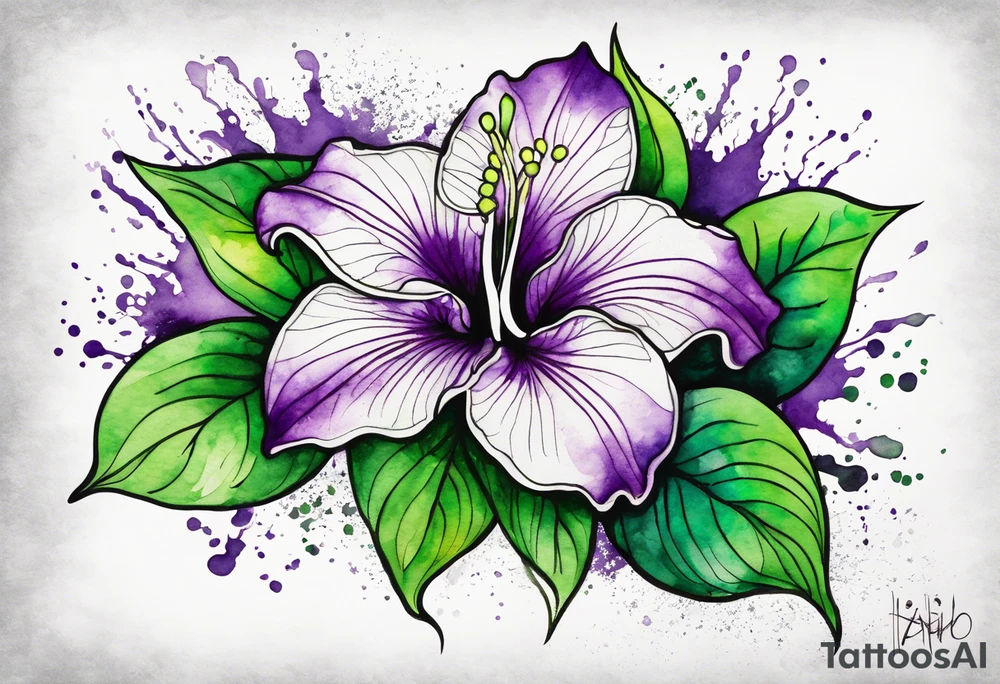 An outline of a green and purple rio dipladenia flower with a mystical green/purple watercolor splash in the background tattoo idea