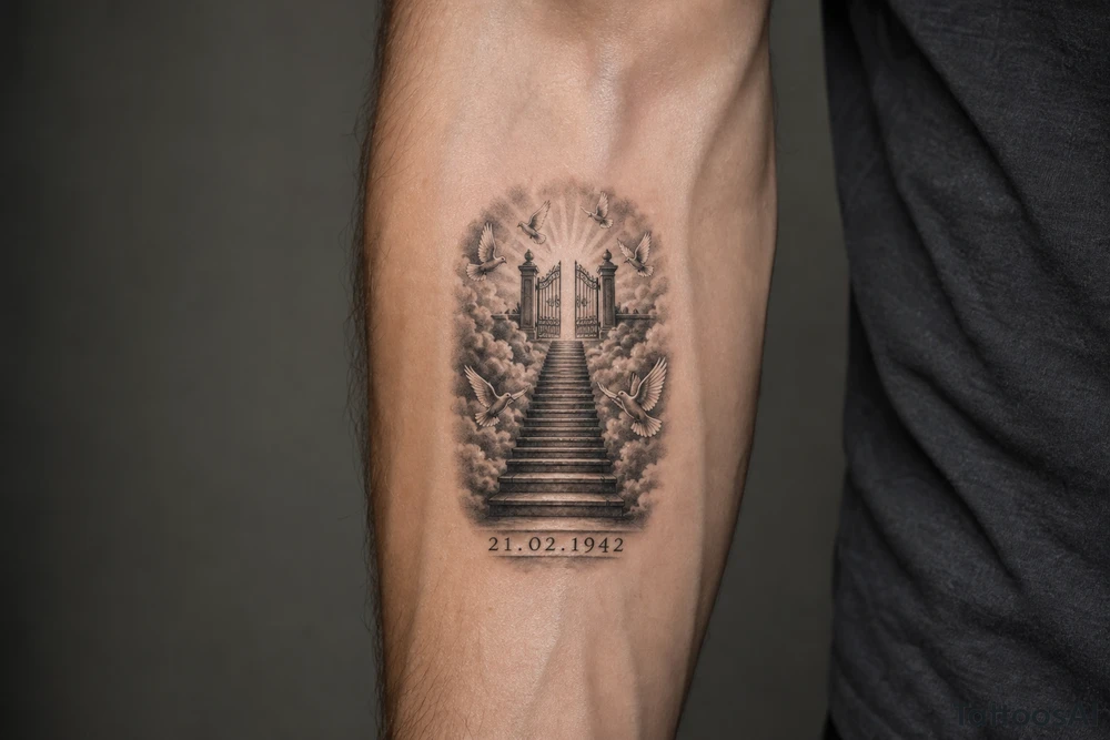 Stairway to heaven, with clouds surrounding the stairs, and the gate being at the top. A date, below the stairs, in Roman numerals 21.02.1942. Also, add some doves flying above the gates, and around the stairs. tattoo idea