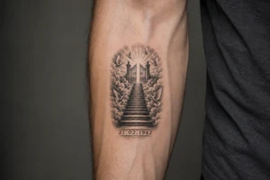 Stairway to heaven, with clouds surrounding the stairs, and the gate being at the top. A date, below the stairs, in Roman numerals 21.02.1942. Also, add some doves flying above the gates, and around the stairs. tattoo idea