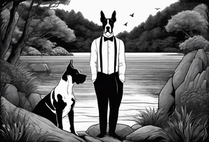 Arm sleeve for man with Great Dane (Full Tuxedo Color and floppy ears) standing proudly chest up on a rock in front of a body of water tattoo idea