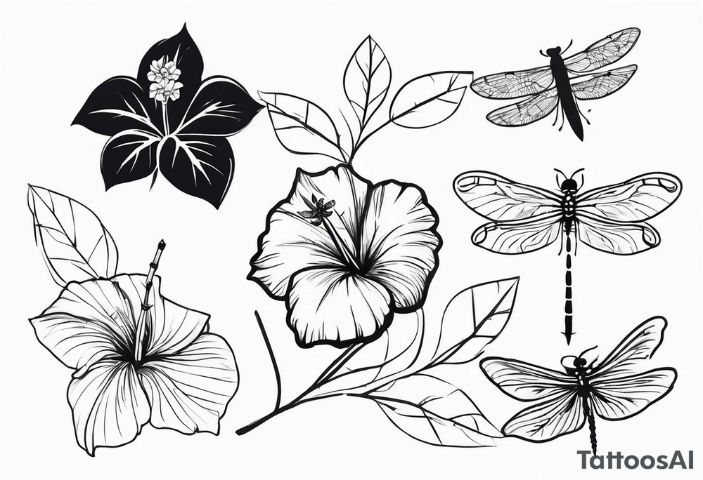 bamboo branch, monstera leaf, hibiscus flower, small barbed wire dragonfly tattoo idea