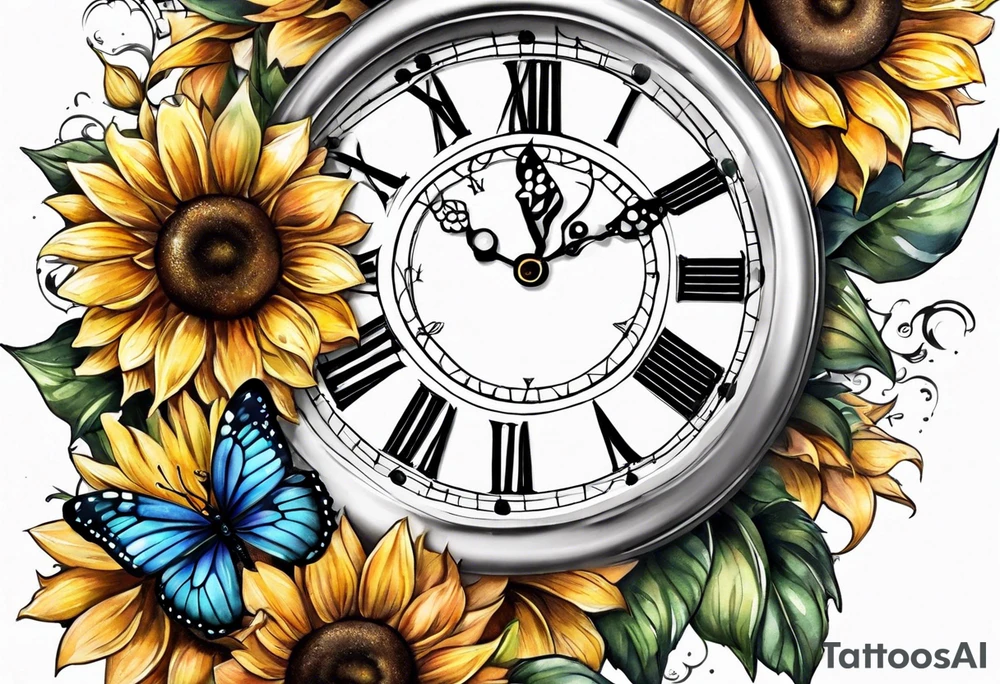 Sleeve with clock, sunflower and butterfly tattoo idea