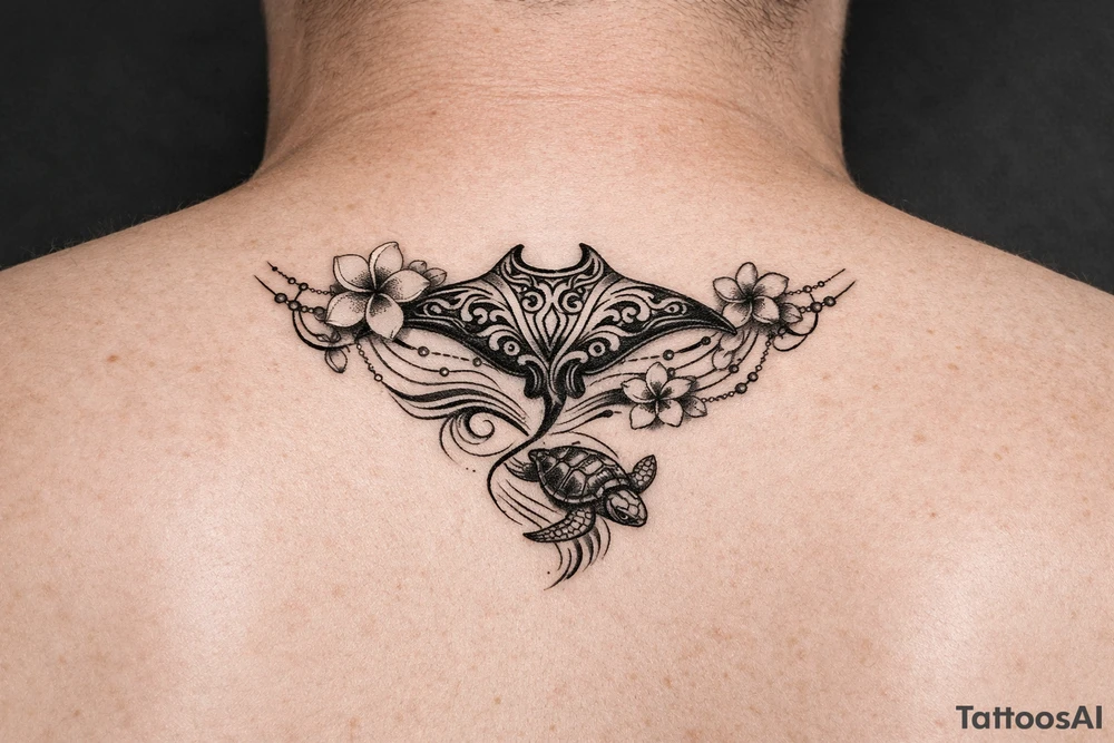A Bali Bokalánc Tetoválás KoncepciójaA dizájn egy finom vonalas (fine line), enyhén indonéz/polinéz motívumokkal díszített füzér, amely körbeöleli a bokacsontot, és lágyan leomlik a lábfej irányába.A központi elem (Bokacsont felett/mellett): Egy kecses Manta rája (Manta ray), amelynek szárnyai finoman követik a boka természetes ívét. A rája teste kaphat minimalista, áramló törzsi mintázatot, ami a bali fafaragások hullámaira emlékeztet.A mozgás és áramlás: A rája mögül finom, vékony tengeri hullámok és indák indulnak ki, amelyek körbefutnak a boka körül, összekötve a többi elemet.A lábfej felé leomló rész: Egy kis tengeri teknős (Sea turtle), amely a hullámvonalon úszik lefelé a lábfej külső része felé. A teknős a hosszú élet és a békesség szimbóluma Bali kultúrájában.A lágyító elemek: A füzérbe ágyazva 2-3 Frangipani (Plumeria) virág helyezkedik el. Egy nagyobb virág közvetlenül a rája mellett, a kisebbek pedig a boka hátsó részénél, mintha a szél fújta volna őket a láncra. A virágok közepe kaphat egy lágy, pontozott (dotwork) árnyékolást, hogy meglegyen a jellegzetes sárgás-fehér mélységük. tattoo idea