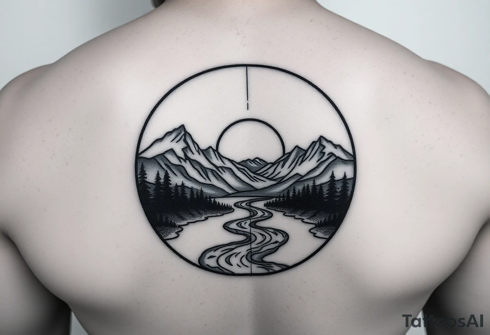 mountains. river and sunrise, let it all be inside one circle. draw a line and divide the circle into two parts, let one part be like day and the other part like night tattoo idea