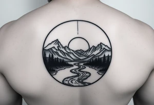 mountains. river and sunrise, let it all be inside one circle. draw a line and divide the circle into two parts, let one part be like day and the other part like night tattoo idea