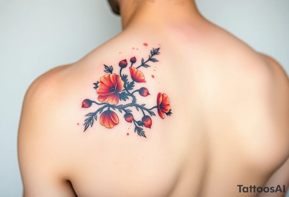 colored tattoo on the arm depicting an oak branch with acorns and poppy flowers tattoo idea