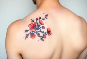 colored tattoo on the arm depicting an oak branch with acorns and poppy flowers tattoo idea