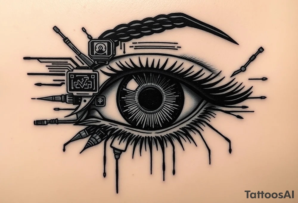 Cybernetic Eye with HUD Elements
A detailed eye with cybernetic implants and neon overlays.
A heads-up display (HUD) projecting out, featuring symbols, warnings, or static.
Neo-trad thick outlines and shading mixed with digital-style highlights. tattoo idea