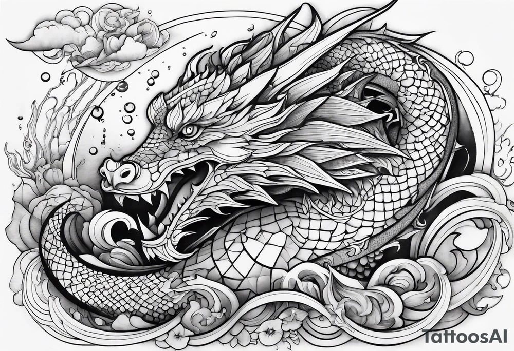 Geometric aquatic dragon tattoo idea