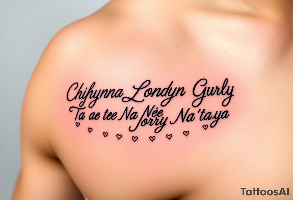 Cursive words that say, 

M.S.K

Chyna

Londyn

Gurly 

Tae tae 

Na’Jorya 

Na’taya
 surrounded by little hearts & stars tattoo idea