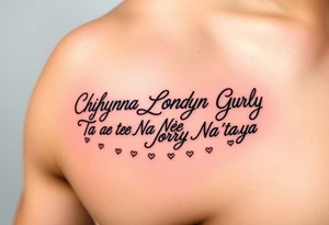 Cursive words that say, 

M.S.K

Chyna

Londyn

Gurly 

Tae tae 

Na’Jorya 

Na’taya
 surrounded by little hearts & stars tattoo idea