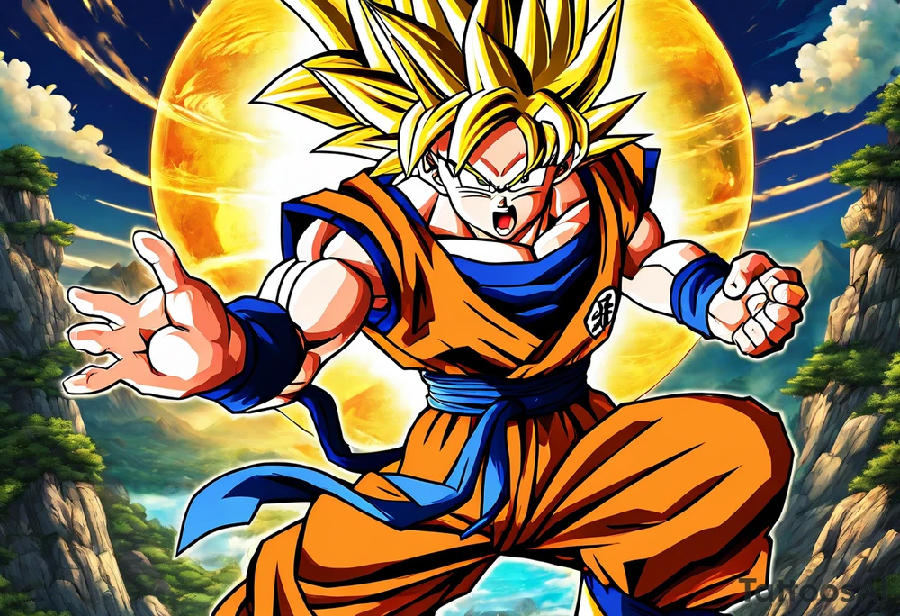 Son-Goku as a super saiyajin . A huge dragonball surrounds the whole scenery. Gokus friends are surrounding him as shadows tattoo idea