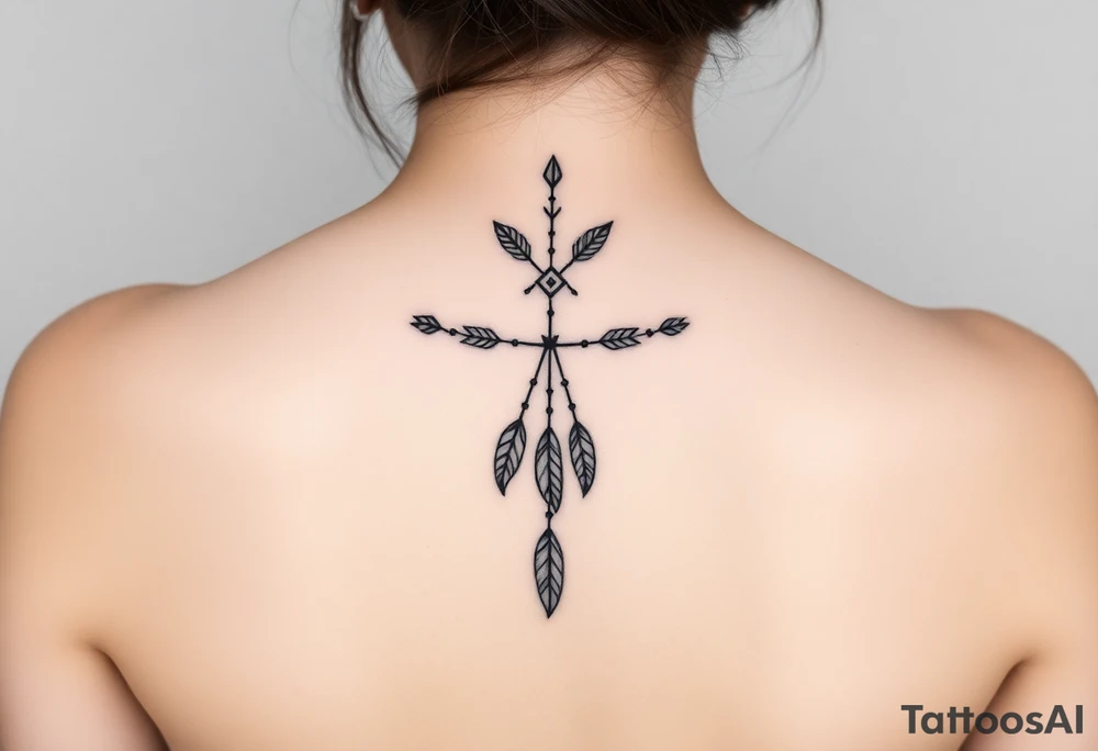 Thin spinal tattoo following down the spine in a native style with multiple different lengths flowing lines made of a discreet connection of morse code ".--- .- --.     .-.. ... -.- .- .-.   -.. .. --.     .-.. .. .-.. .-.. . -... .-. --- .-. forming 3 arrow shapes connected to flowing feathers hanging from the morse code lines tattoo idea