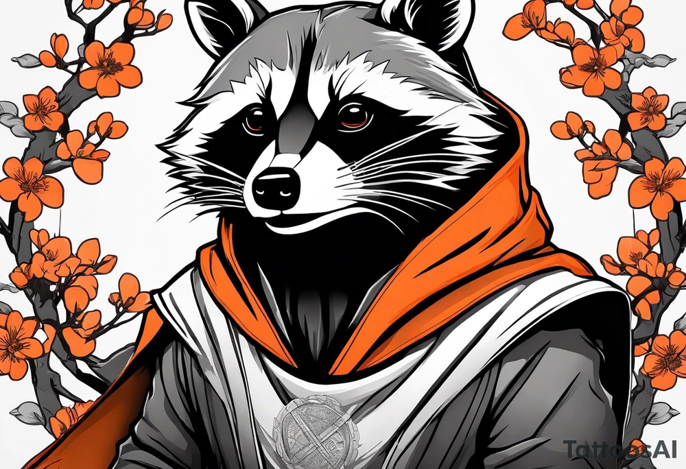 Raccoon wearing a white Superman logo on a black hoodie and orange Japanese cherry blossoms tattoo idea