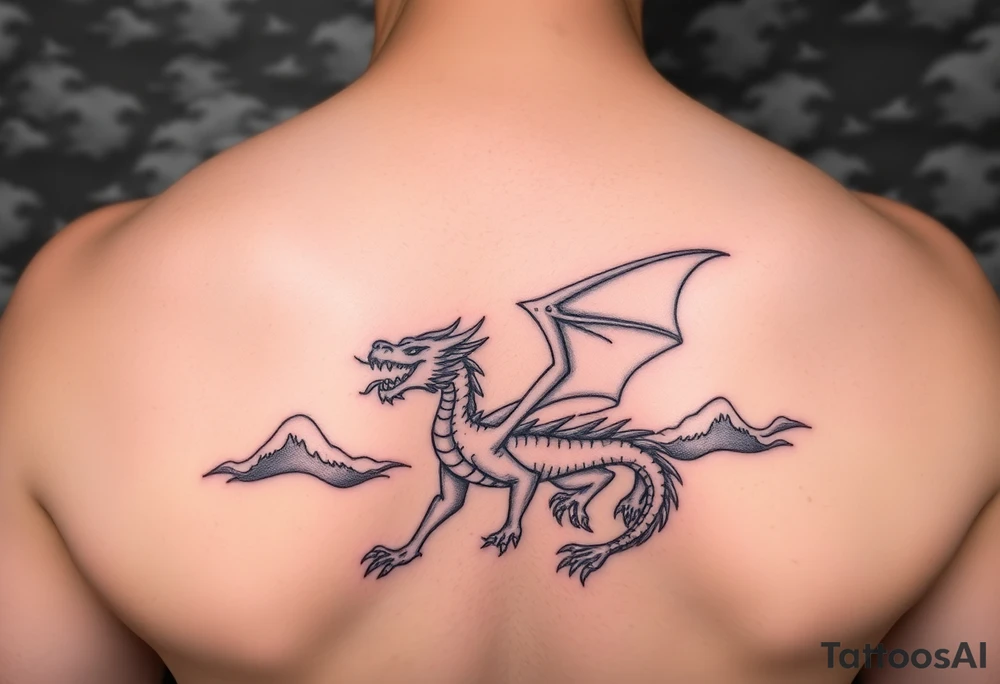 fierce dragon breathing iridescent fire against stormy skies tattoo idea