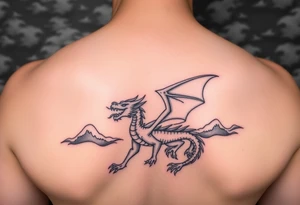 fierce dragon breathing iridescent fire against stormy skies tattoo idea