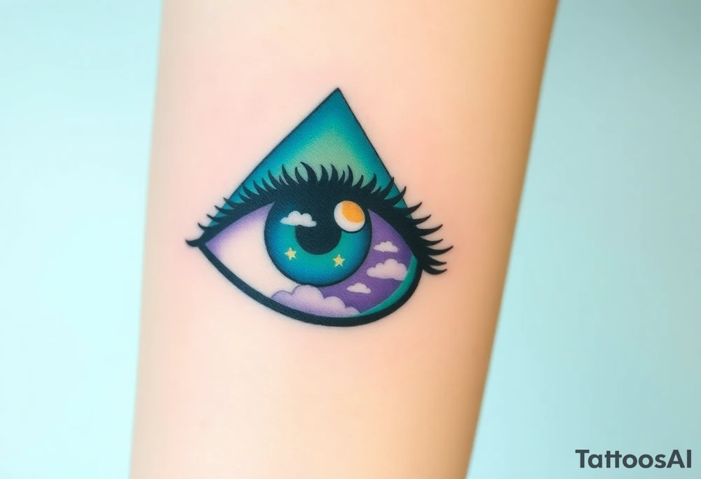 Large outline of a greenish blue eye shaped like an almond with eyeball in the shape of a spade symbol and long pretty black eyelashes + a crescent moon stars and clouds inside of the eyeball only + using vivid colors like blue green purple light blue light green light purple tattoo idea