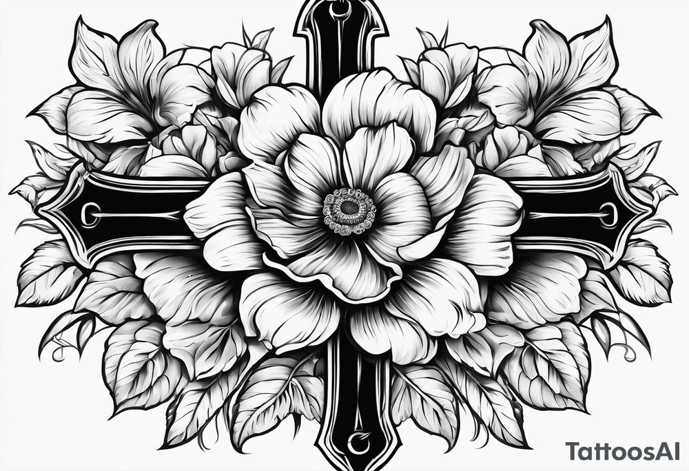 A wood plain Christian cross with 3 large flowers surrounding it tattoo idea