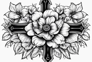 A wood plain Christian cross with 3 large flowers surrounding it tattoo idea