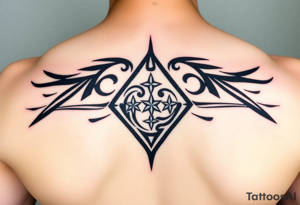 A sharp edged powerful wave with 2 stars inside of a elongated diamond tattoo idea