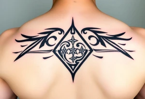 A sharp edged powerful wave with 2 stars inside of a elongated diamond tattoo idea