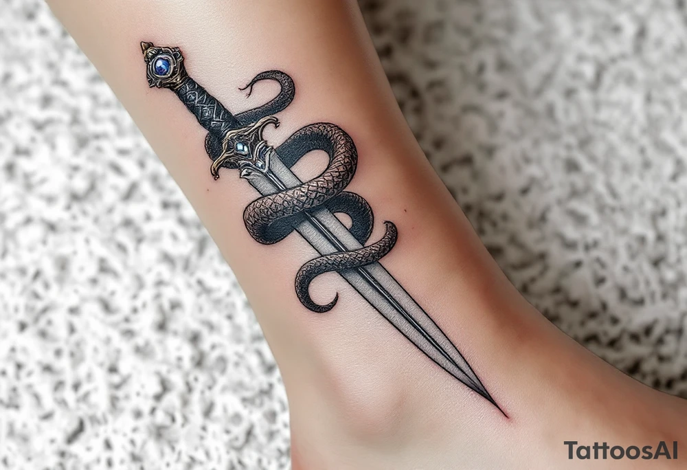 mystical snake coiled around an ancient dagger with jeweled hilt tattoo idea