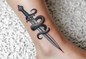 mystical snake coiled around an ancient dagger with jeweled hilt tattoo idea