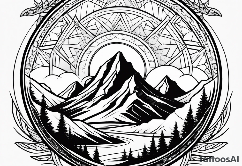 A geometric half sleeve with a mountain peak and a Triskelion tattoo idea