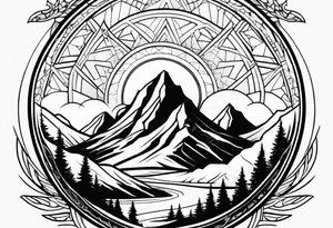 A geometric half sleeve with a mountain peak and a Triskelion tattoo idea