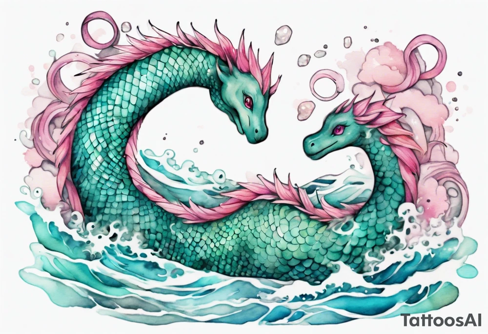 a beautiful Nessie with turquoise and pink scales emerging from the waves tattoo idea